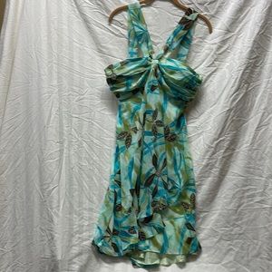 Chiffon green, blue and brown floral dress with shoulder straps and lined